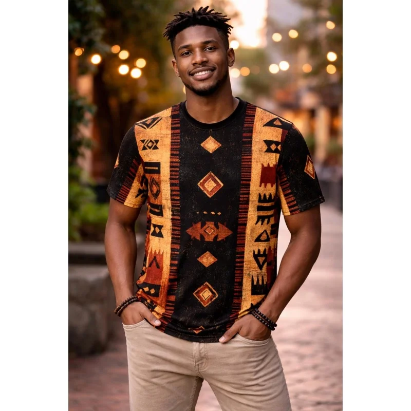 Mudcloth Print Top - Tribal Afrika Desenli Erkek Tişörtü, Etnik