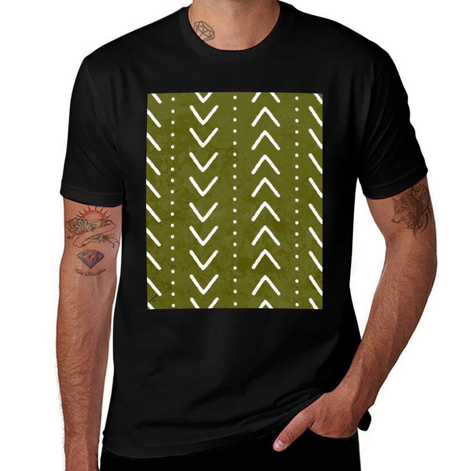 Mudcloth Print Top - Zeytin Yeşili, Çamur Desenli Ok Motifi